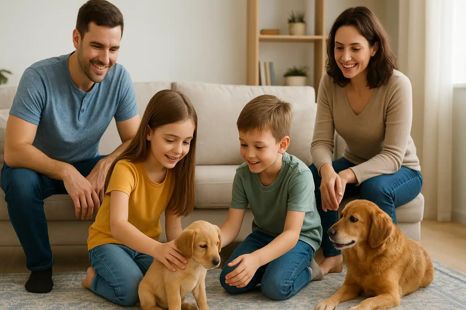 Family teaching gentle puppy care in Oklahoma living room