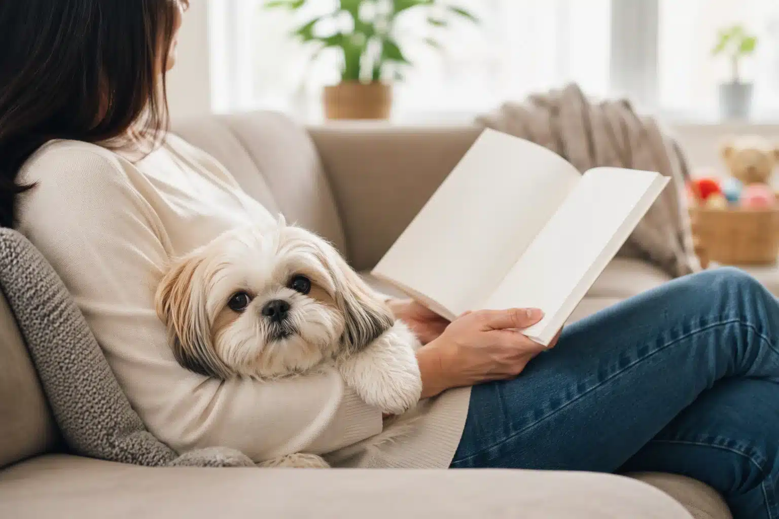 Shih Tzu curled beside a reader in soft afternoon light