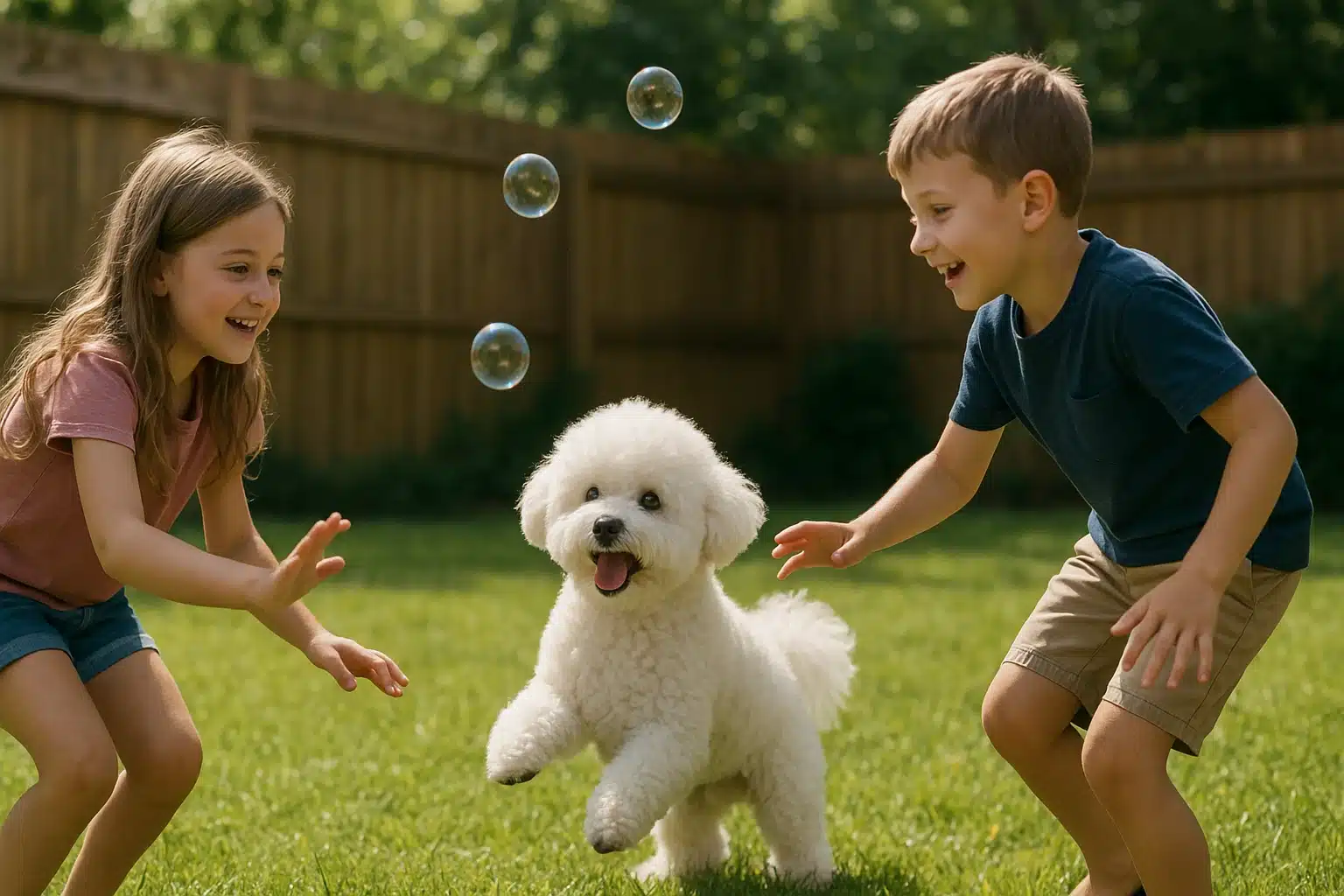 Bichon Frise playfully chasing bubbles with two laughing children in a sunlit backyard