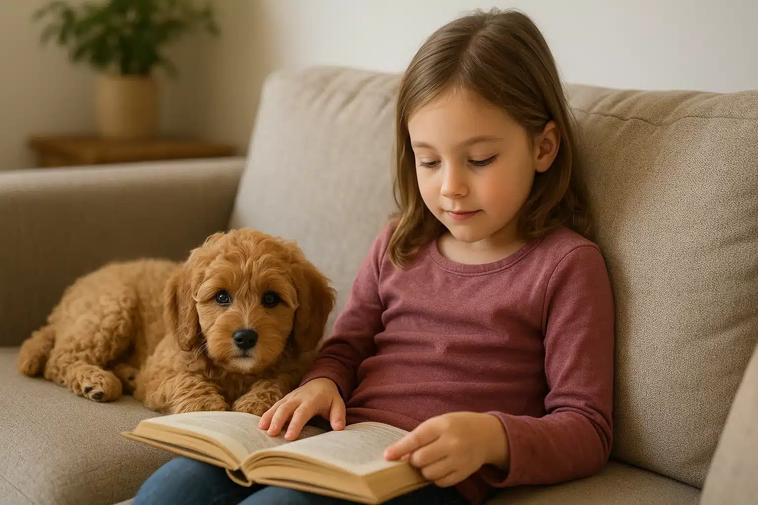 Cavapoo puppy cuddles beside child reading on sofa