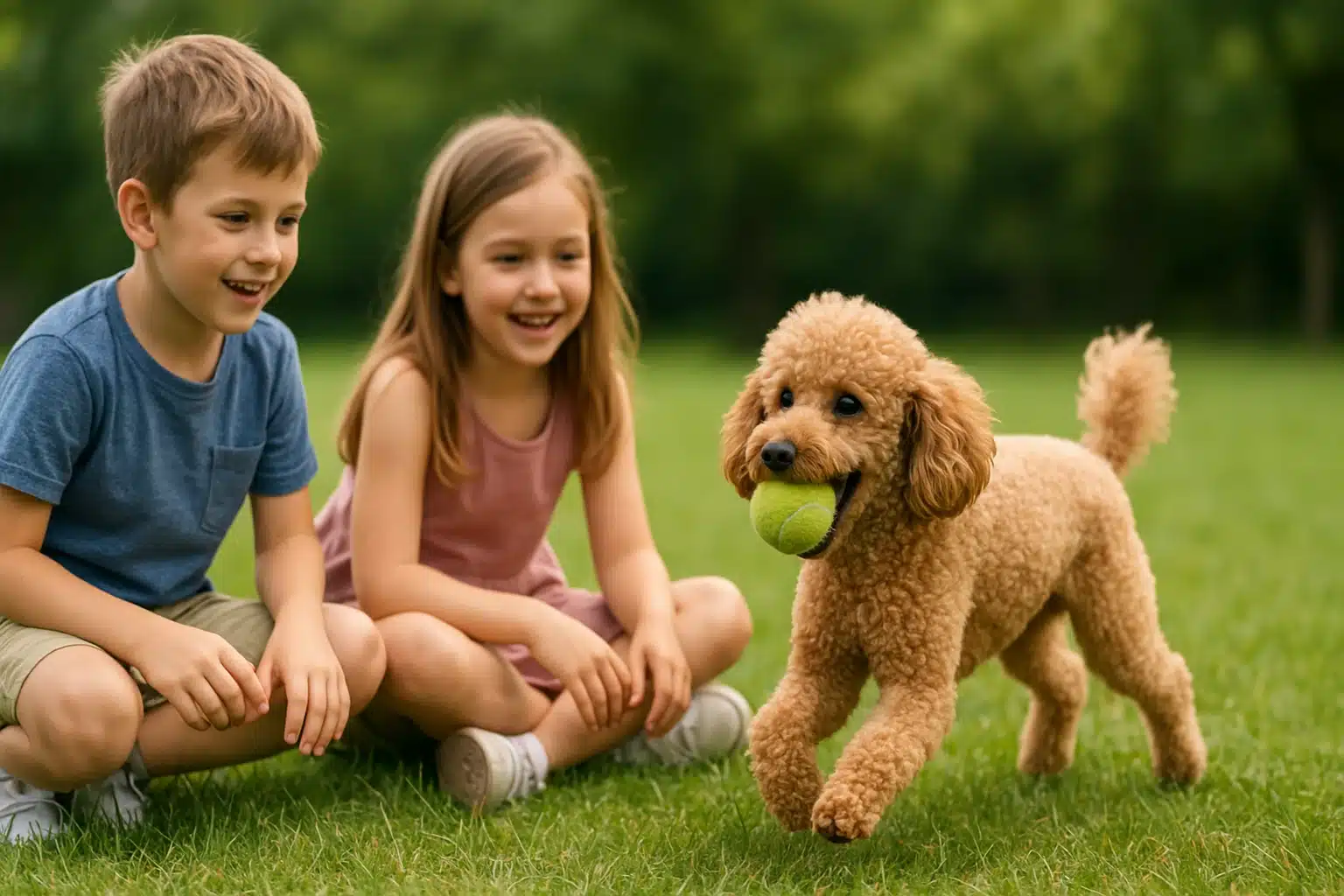 Miniature Poodle retrieving ball with children in park