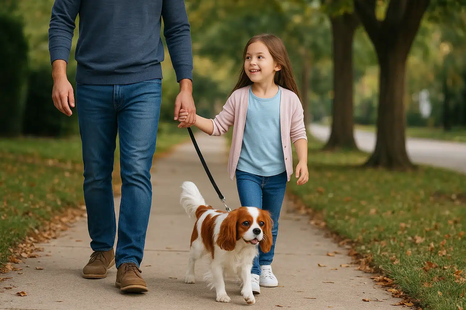 Cavalier King Charles Spaniel walking with child and parent on suburban path