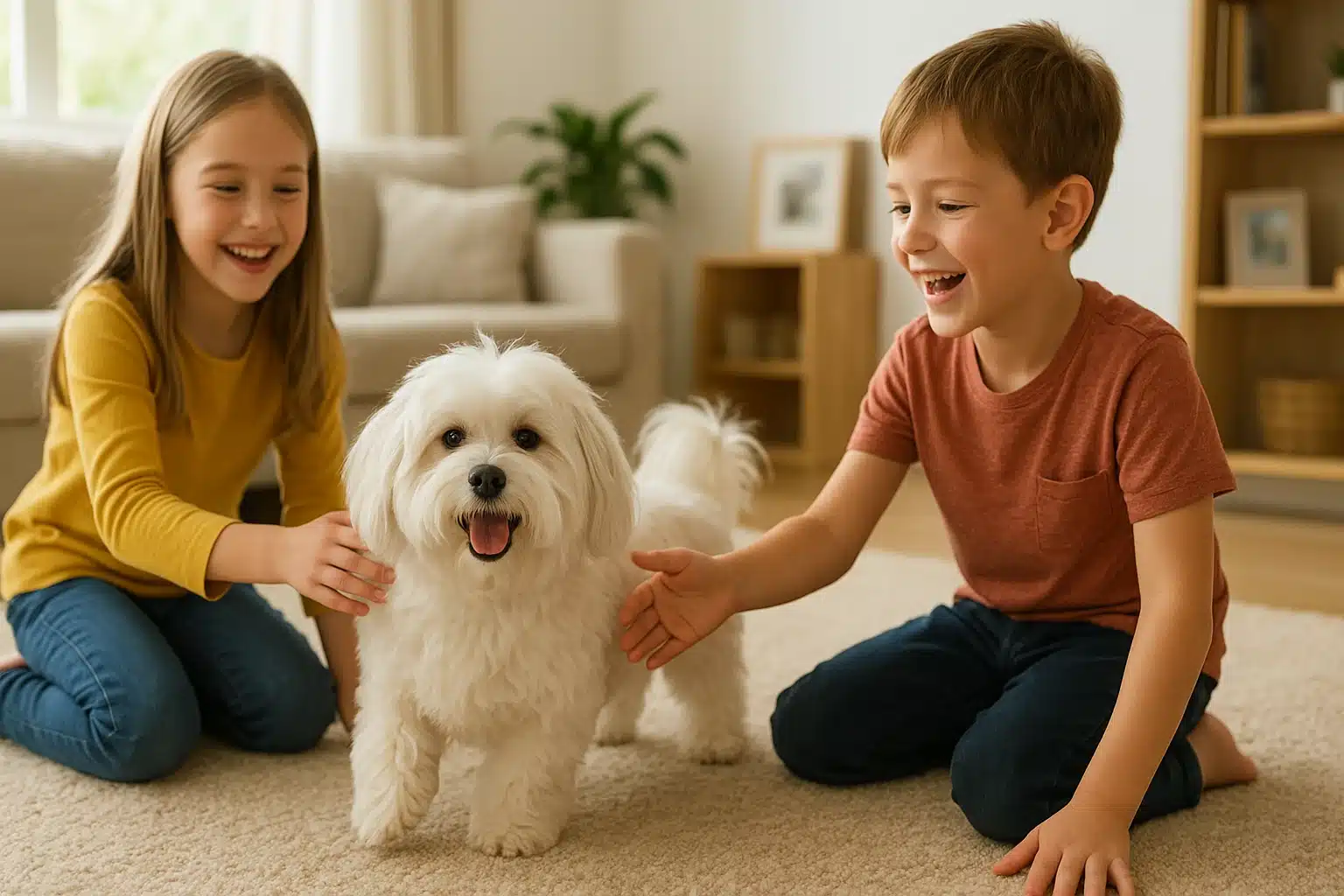 Sunlit Havanese playing with children in cozy living room