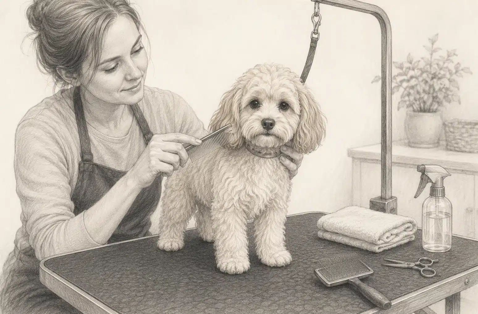 Grooming Havapoo with slicker brush on table