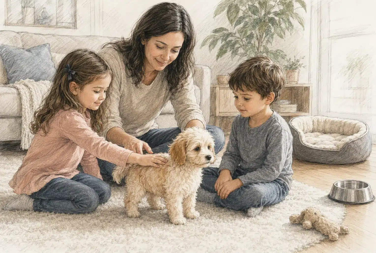 Children petting Havapoo puppy under adult supervision