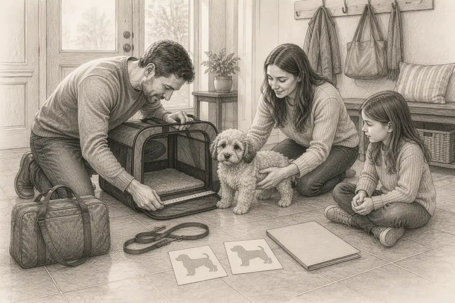 Measuring a Havapoo puppy beside a travel carrier in an entryway