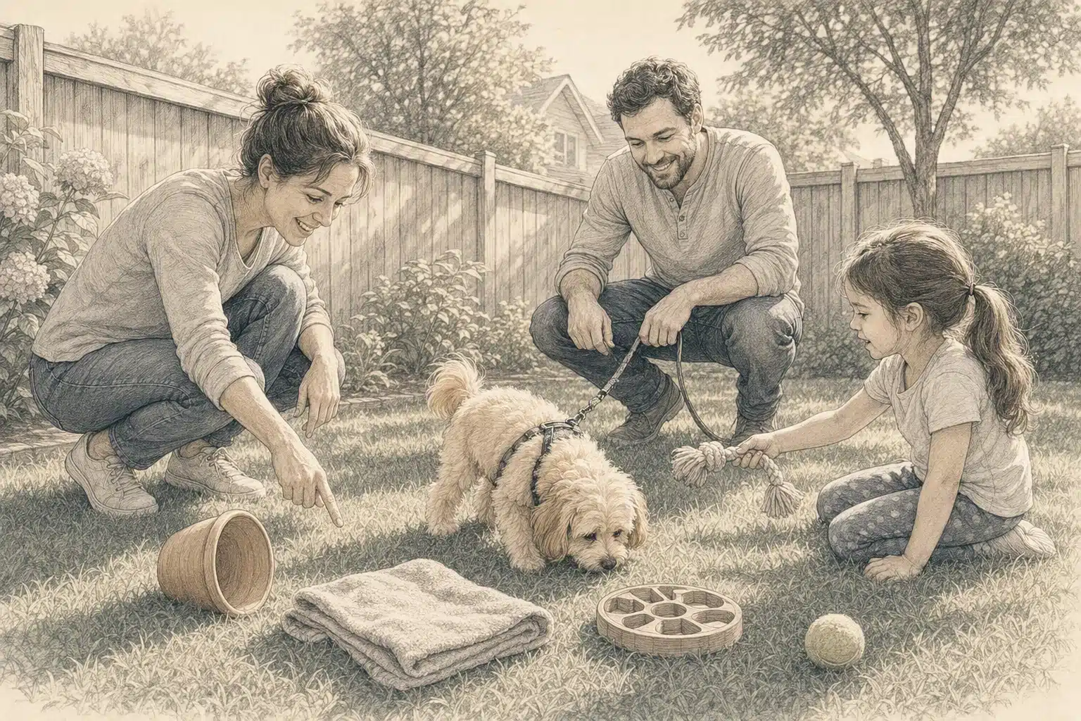 Family guides Havapoo puppy on sniff exploration in backyard