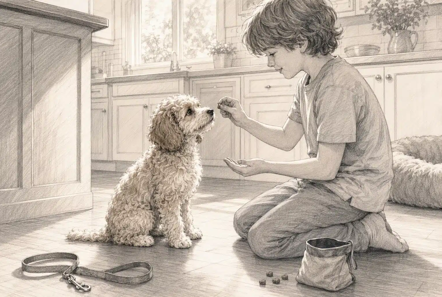 Cavapoo puppy sitting beside child in sunlit kitchen
