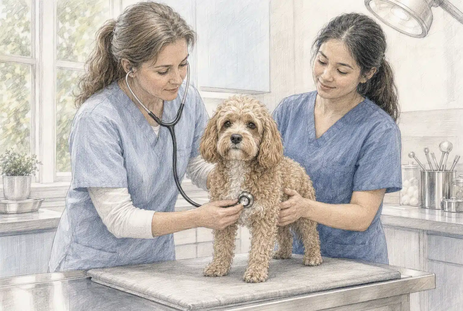 Veterinarian examines Cavapoo heart in clinic setting