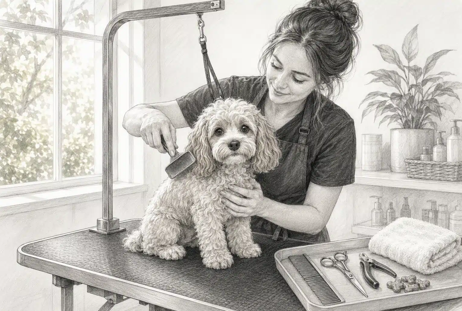 Groomer brushing a Cavapoo’s wavy coat by sunlight
