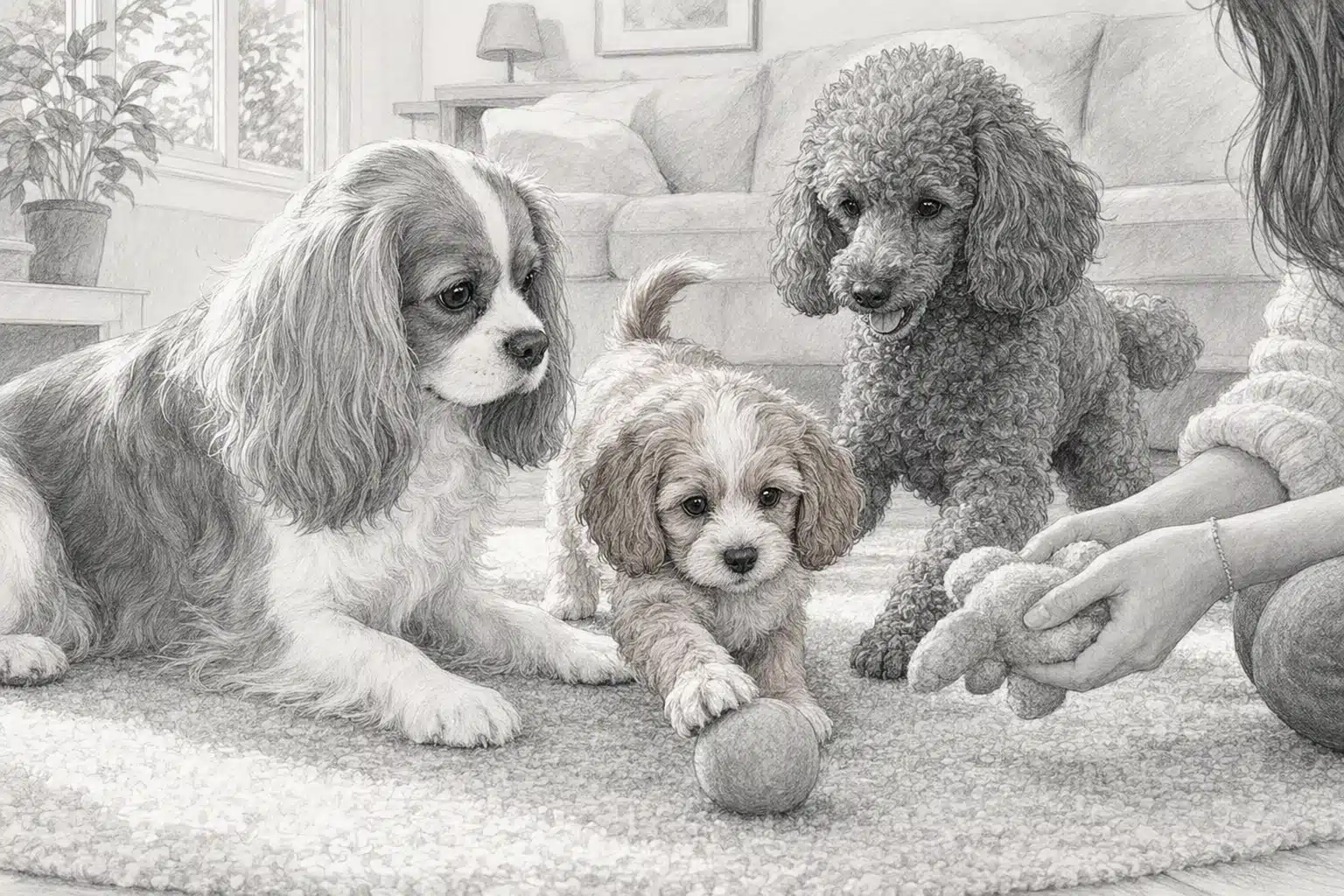 Cavapoo puppy with Cavalier and Poodle parents in cozy home setting