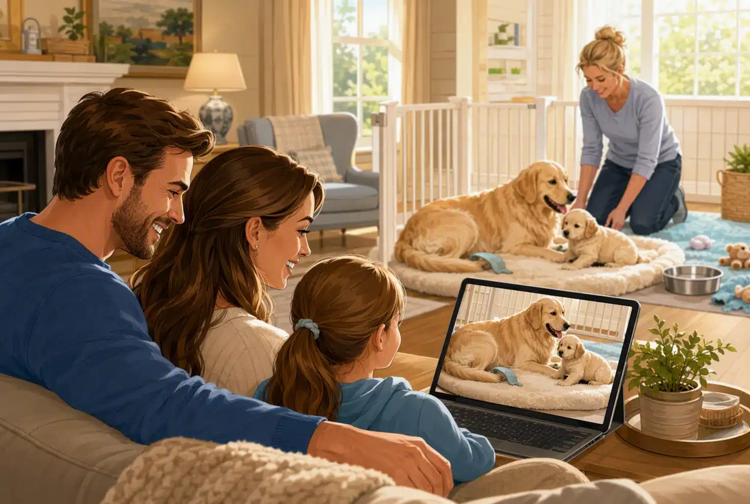 Live video call shows puppy with mother in cozy home