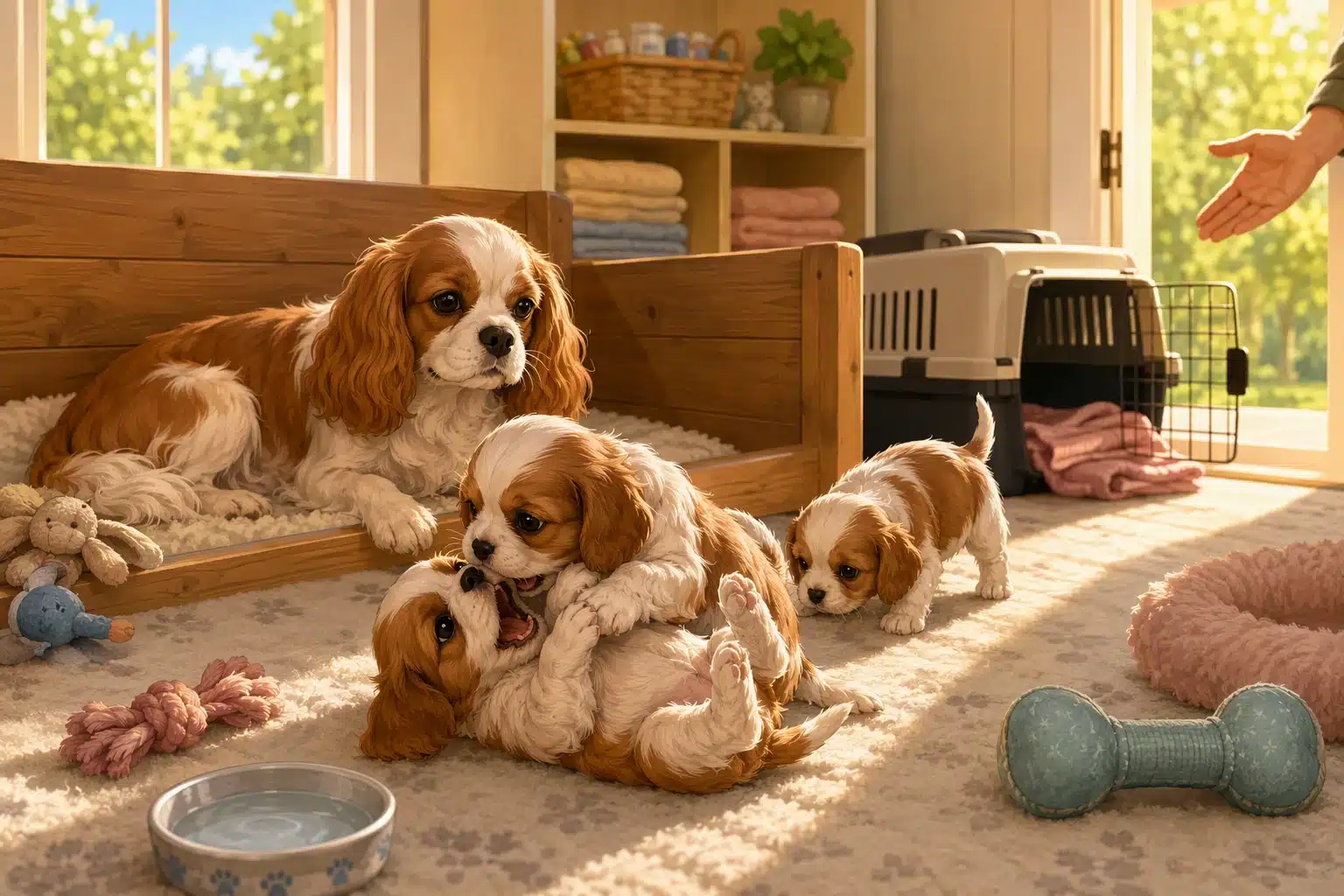 Healthy puppy with littermates and mother in cozy nursery setting
