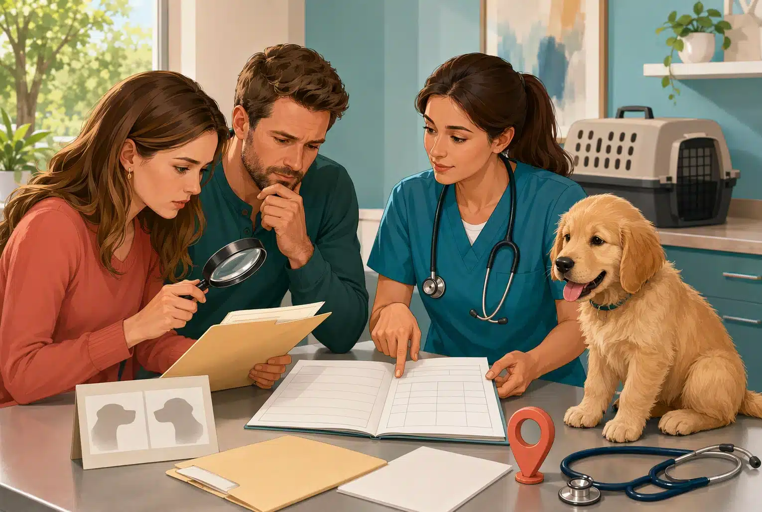 Veterinarian reviewing puppy health records with family at clinic table