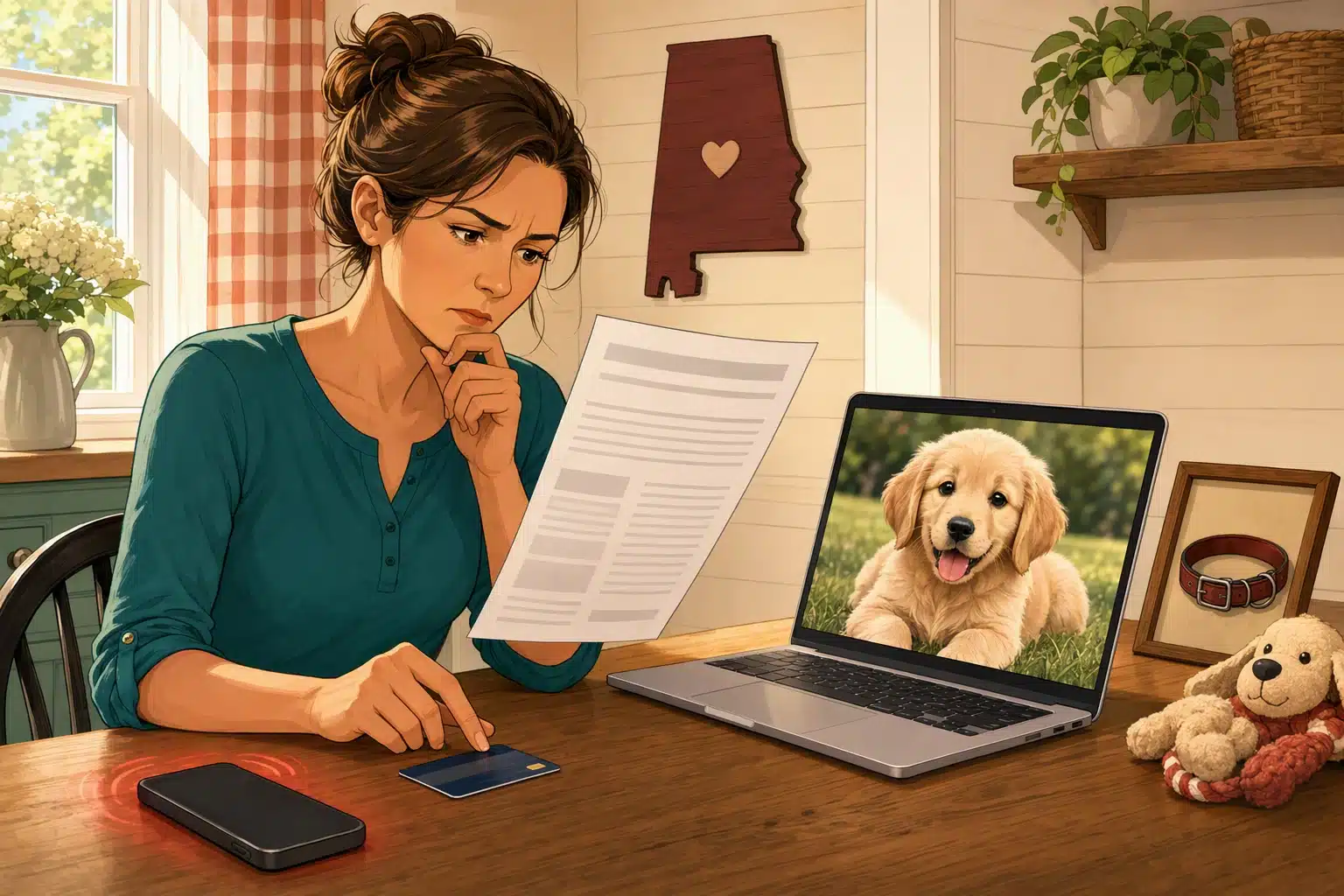 Parent reviewing suspicious puppy payment terms at kitchen table