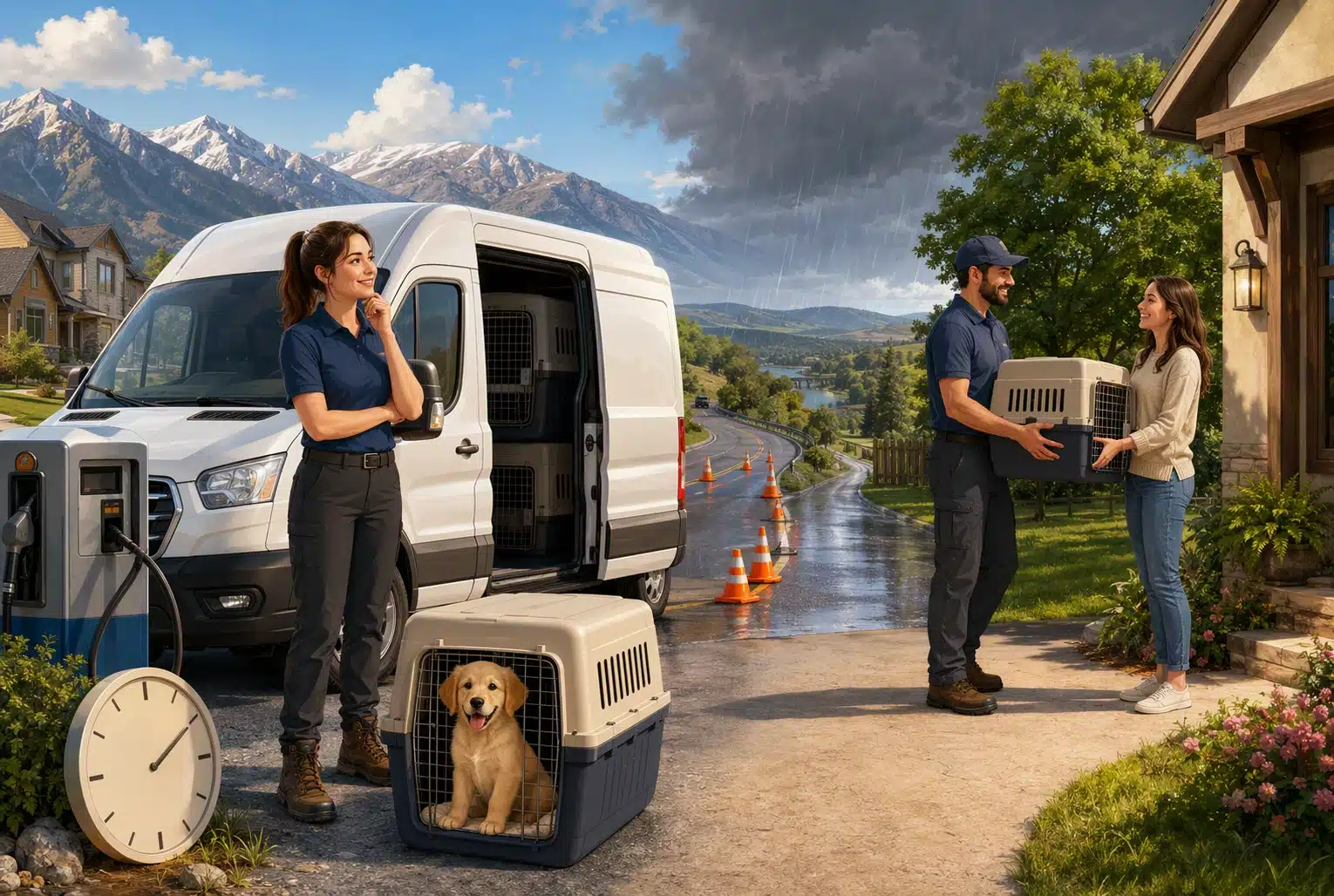 A puppy pickup service van with a golden retriever puppy in a carrier, and two people exchanging a pet carrier outside a house, with mountains in the background.