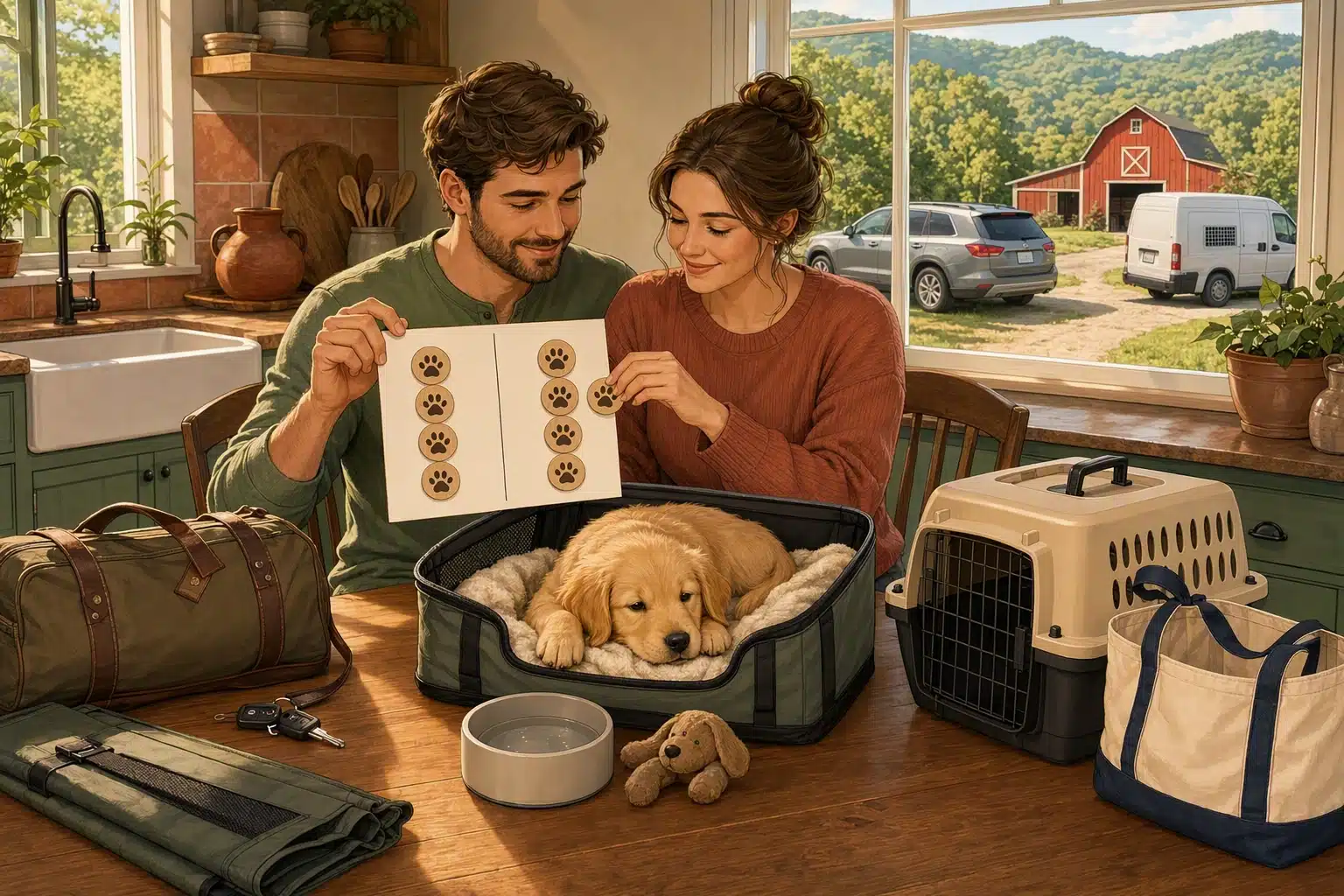 Couple weighs pickup vs delivery notes at kitchen table