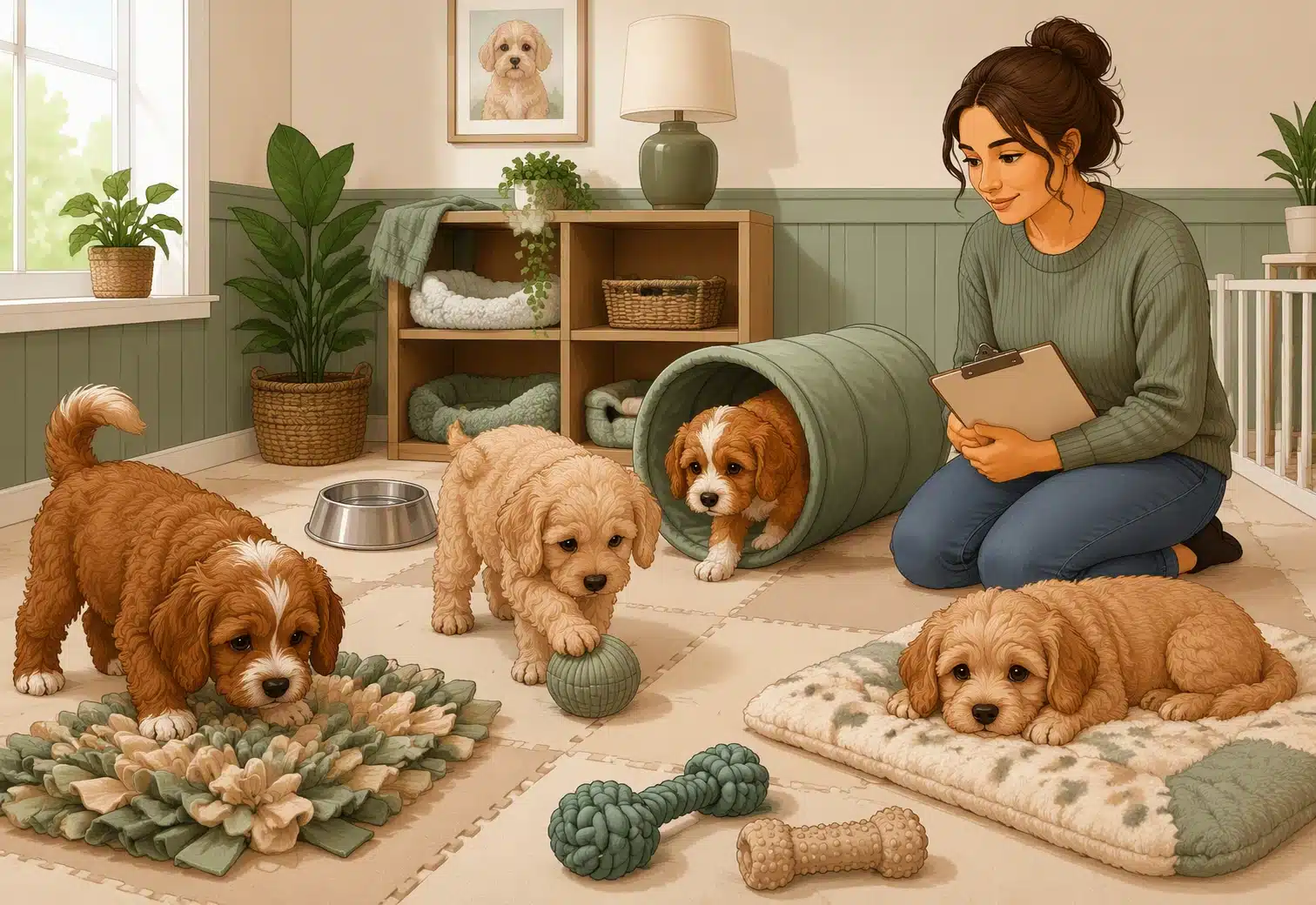 Breeder watches Cavapoos play with toys in cozy home setting