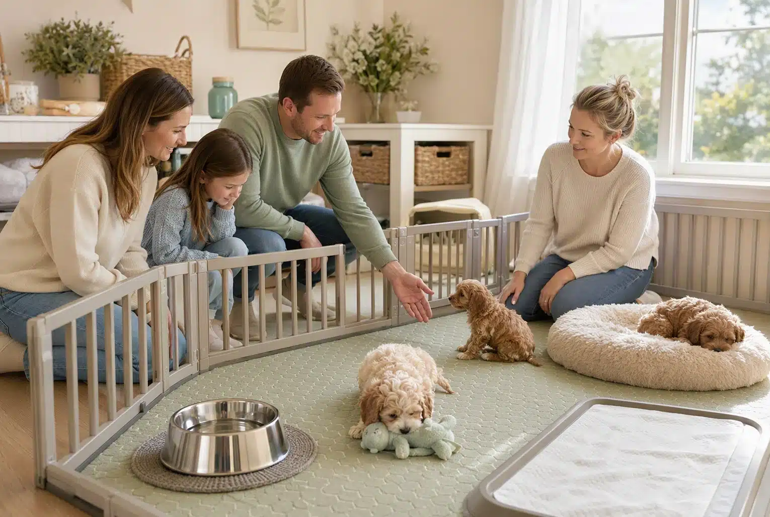 Bright nursery with family inspecting clean Cavapoo puppy pen setup