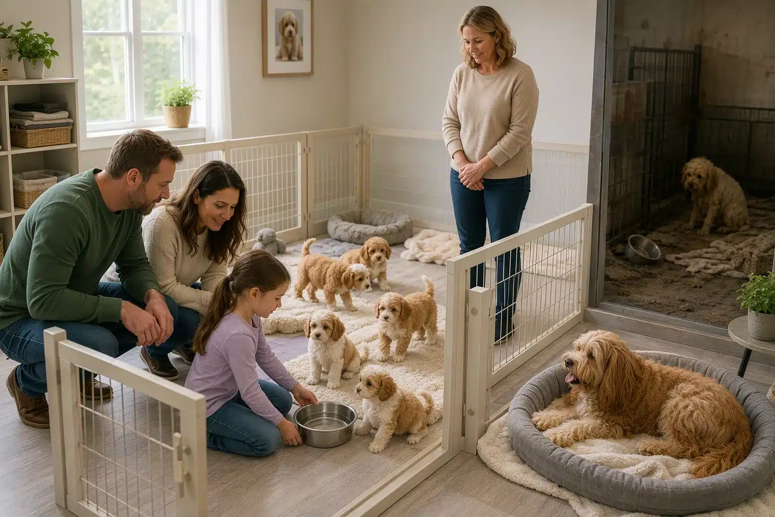 Prospective family inspecting clean puppy area with fresh water