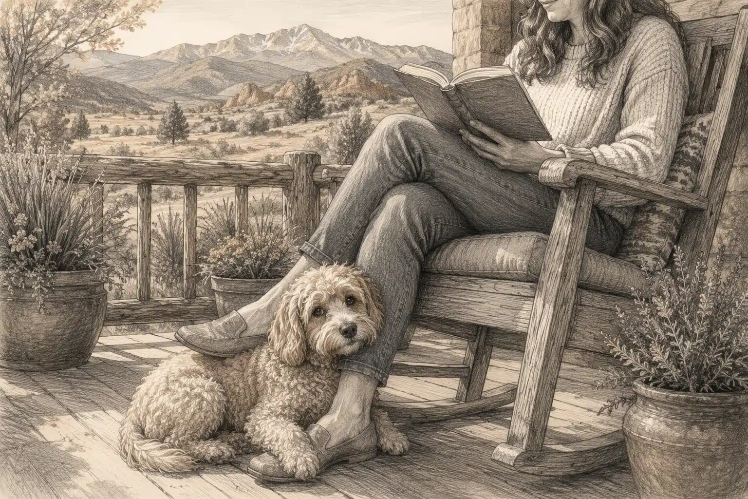 Cavapoo resting beside parent on Colorado porch