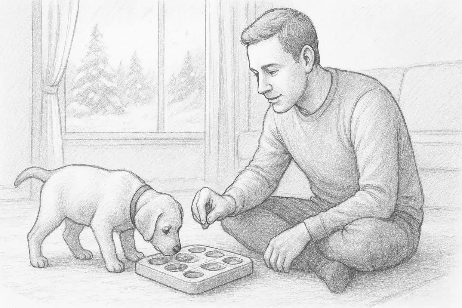 Parent and puppy solving indoor puzzle by snowy window