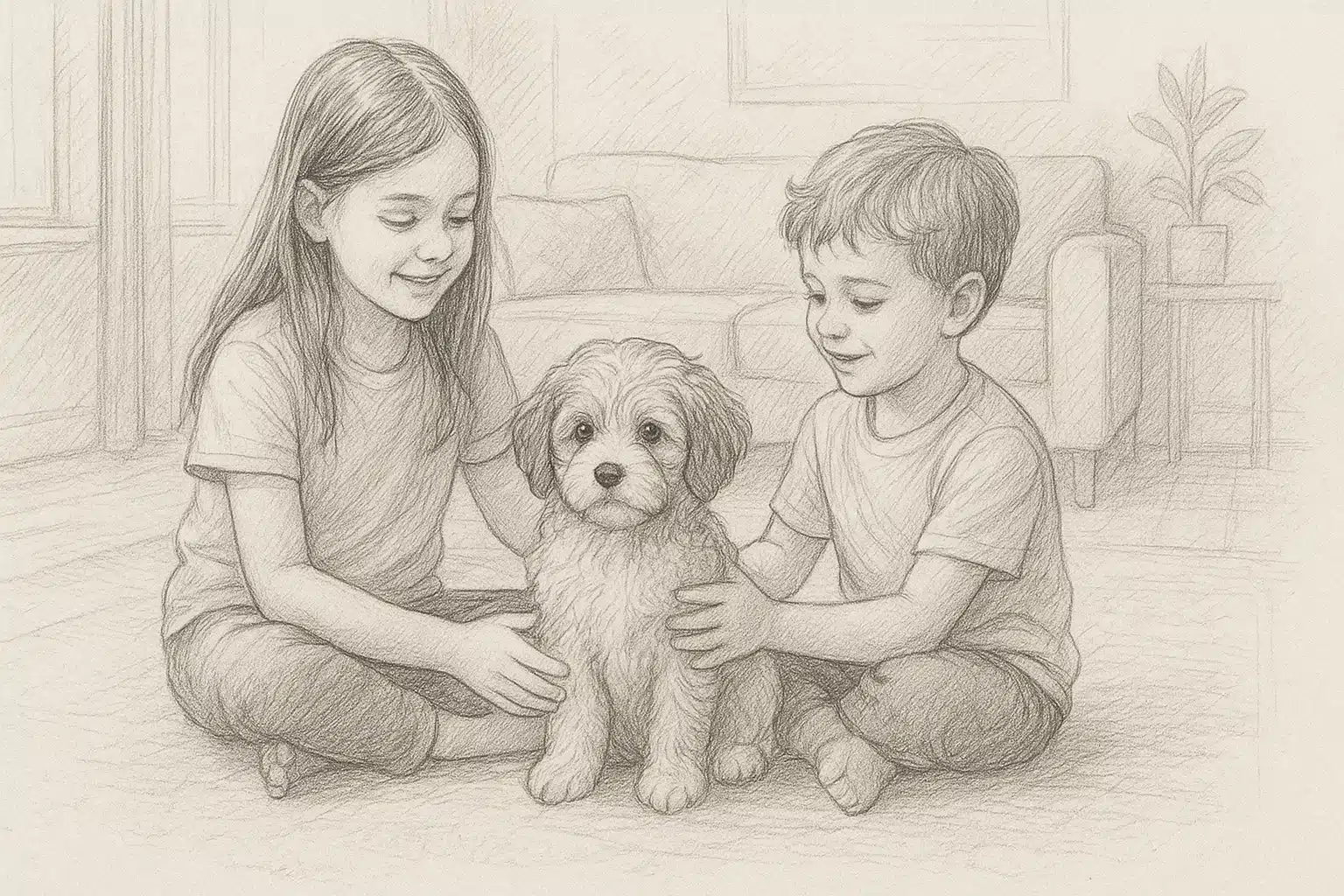 Children and small dog share quiet moment in sunlit living room