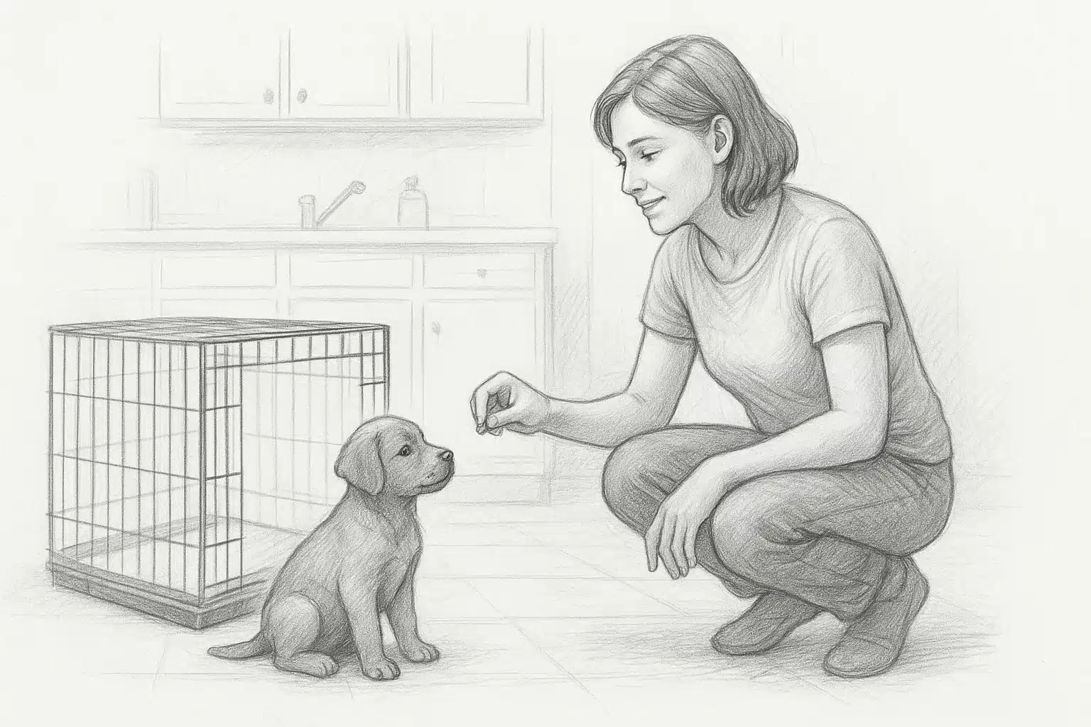 Parent rewards puppy for sitting beside kitchen crate