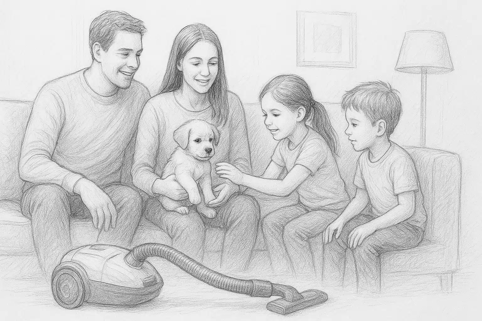 Family introduces puppy to vacuum sounds