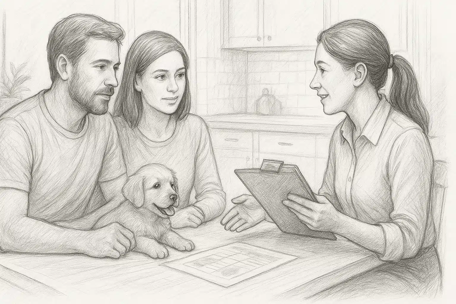 Breeder discussing puppy records with Colorado family
