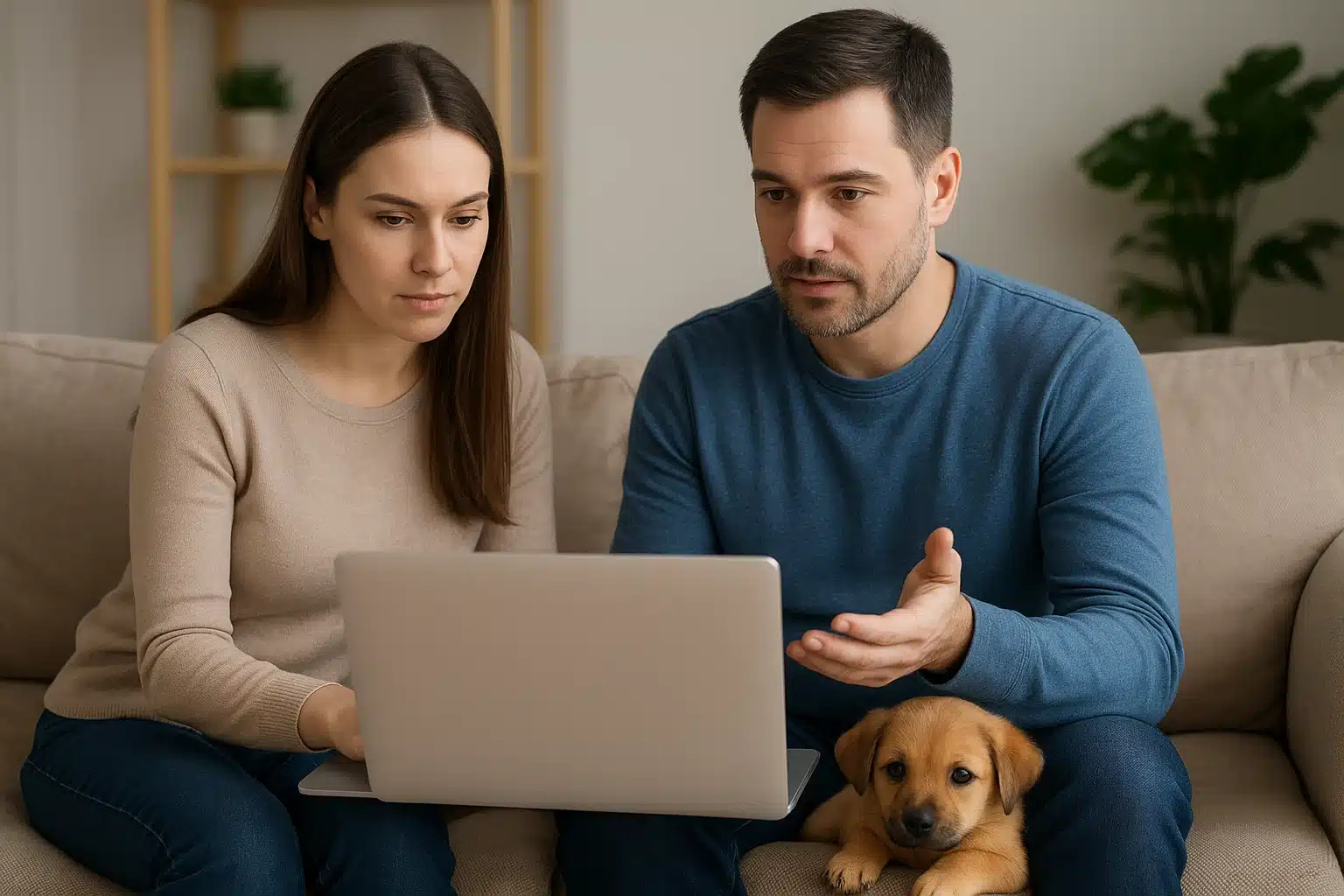 A couple in Indiana sits on a couch, looking at a laptop with a golden retriever puppy lying beside them. They appear to be researching breeder communication.