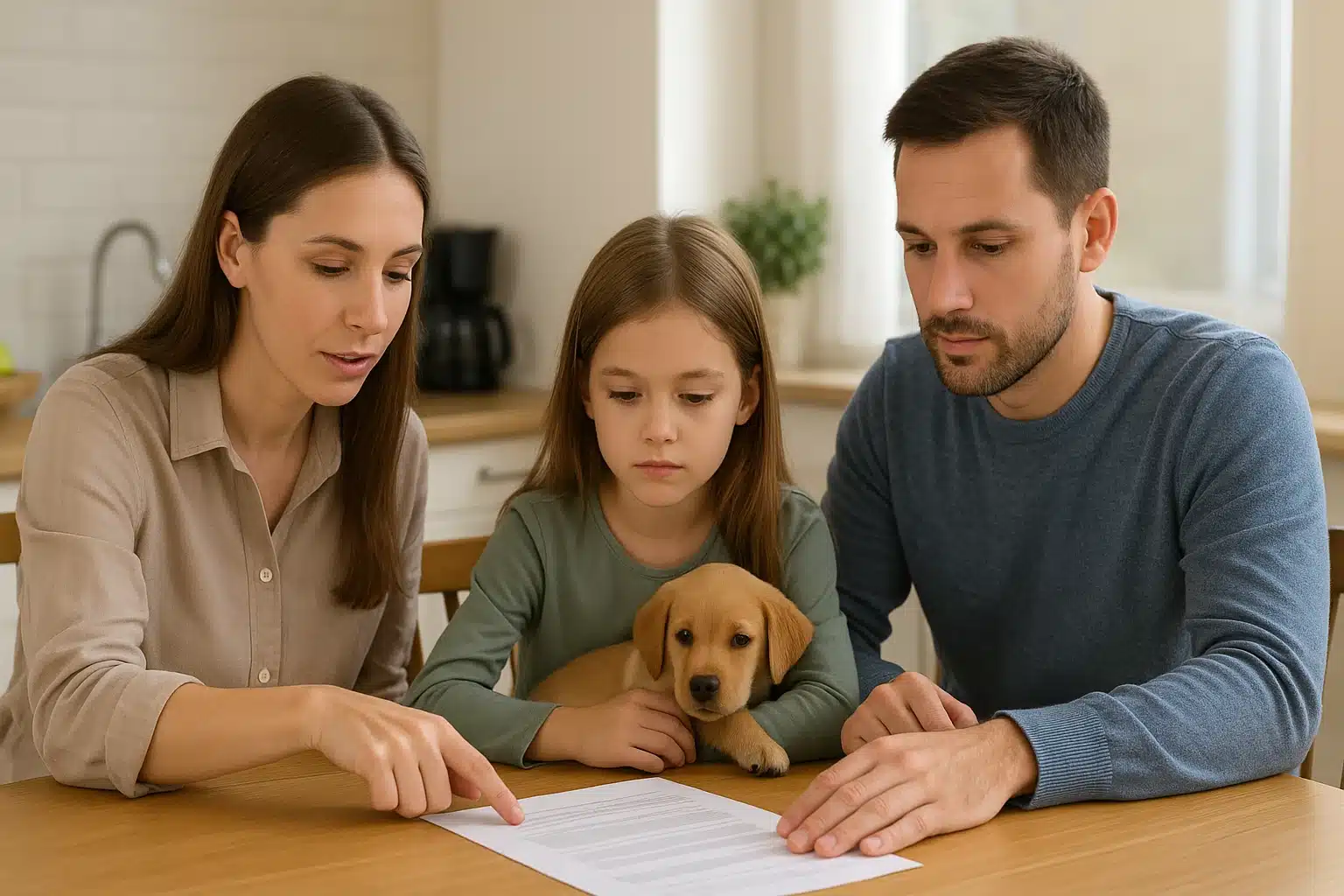 Family reviewing puppy contract details at kitchen table