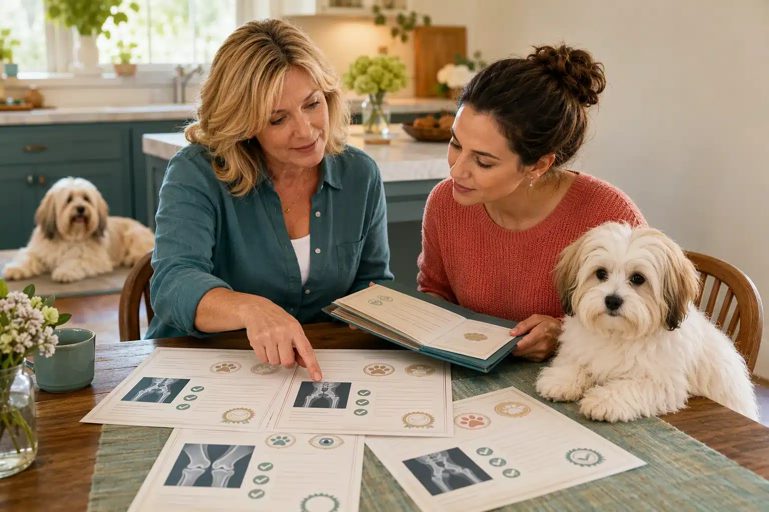 Breeder and owner reviewing health records at kitchen table