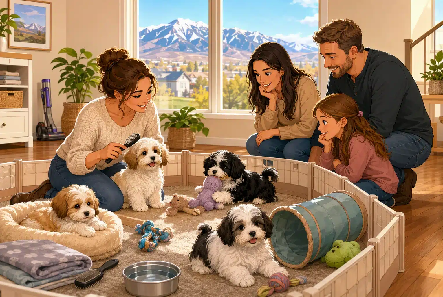 Family observing playful Havanese puppies in a bright nursery