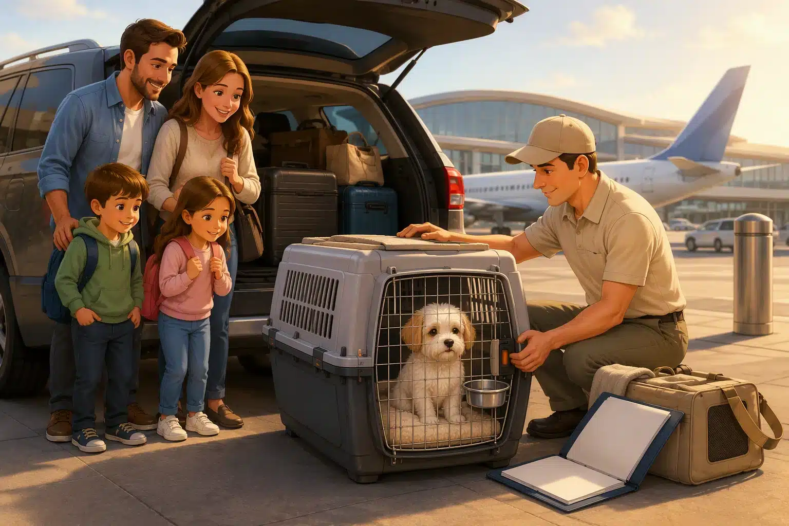 Airport pickup crate ready beside family car