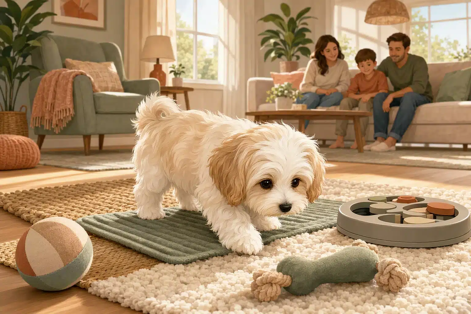 Havanese puppy exploring cozy home play area
