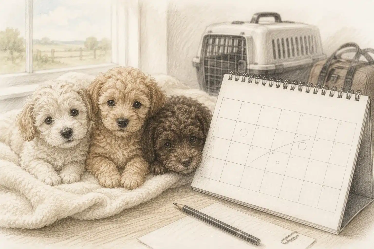 Havapoo puppies with breeder’s handwritten litter schedule