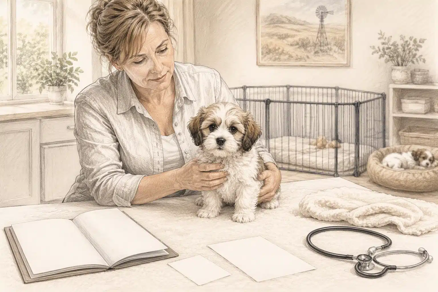 Breeder reviewing Havanese health records in cozy nursery