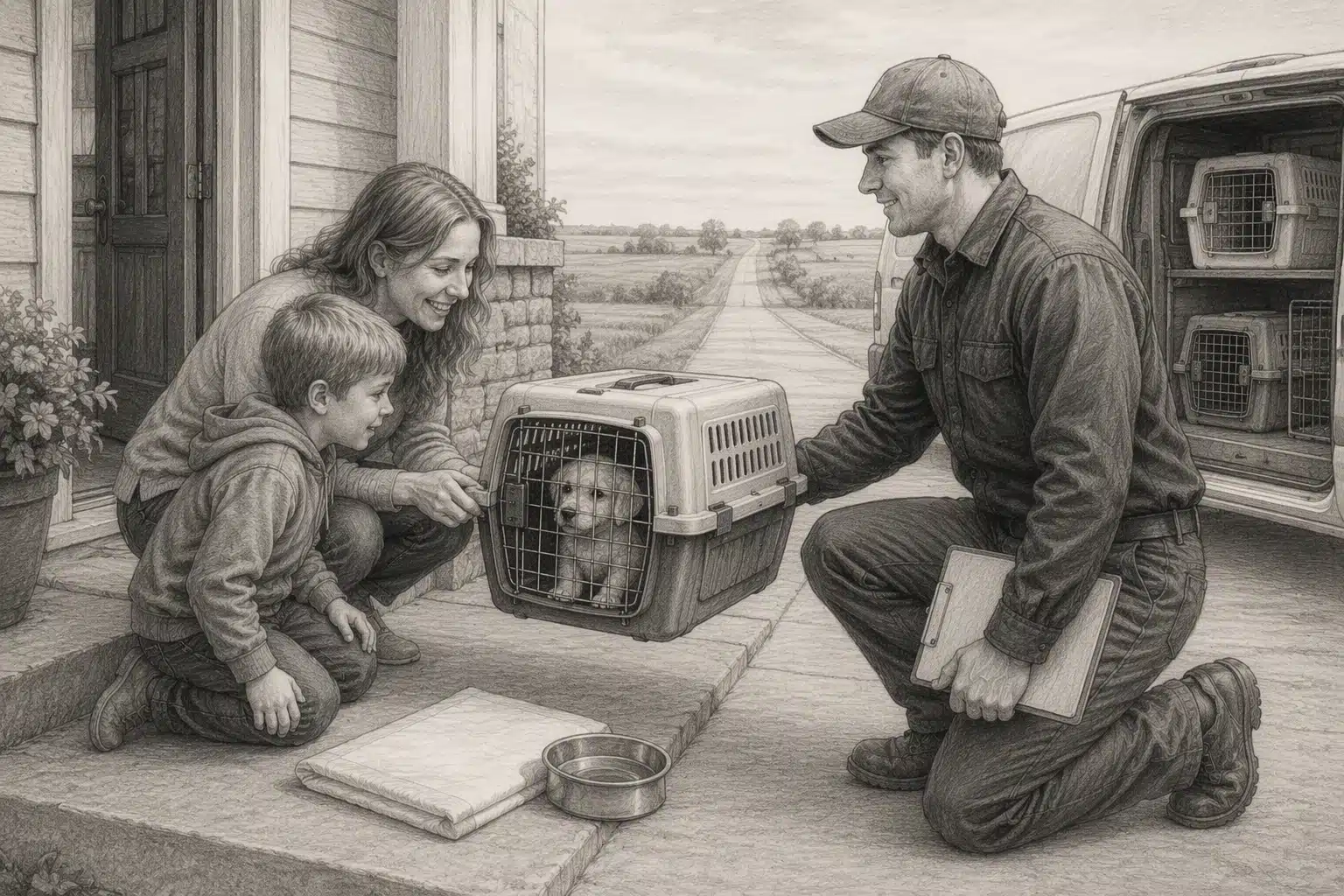 Family receives puppy carrier at doorstep