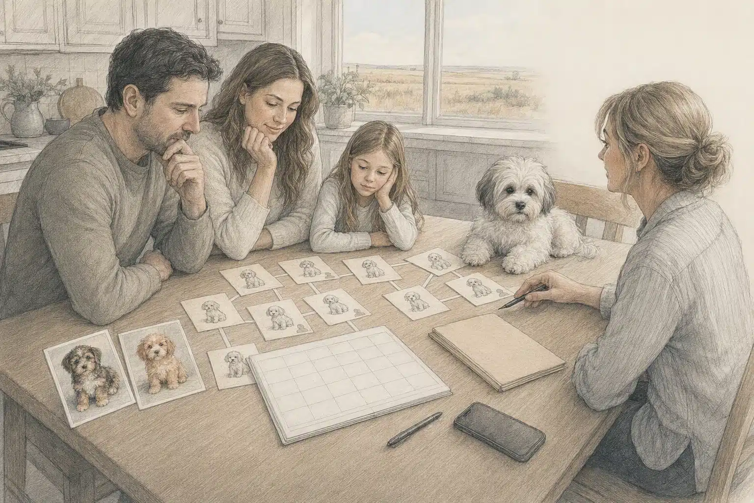 Family reviewing puppy breed waitlist options at kitchen table