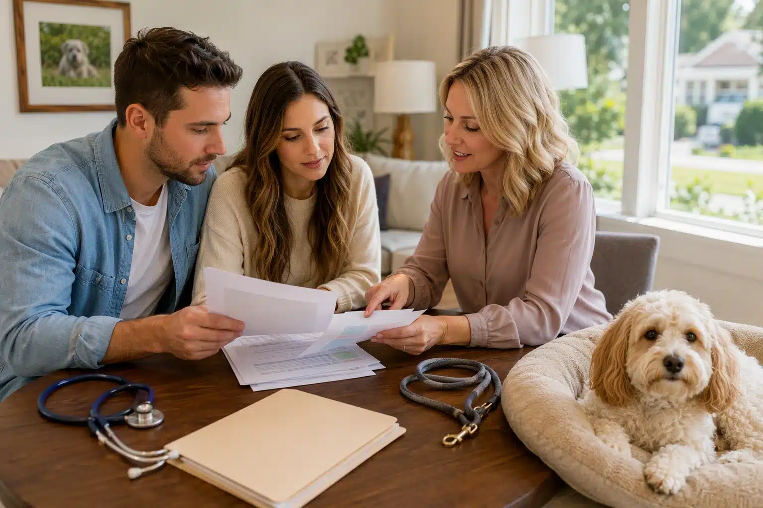 Couple reviews adoption papers with a Havapoo breeder, discussing local pickup options for a puppy.