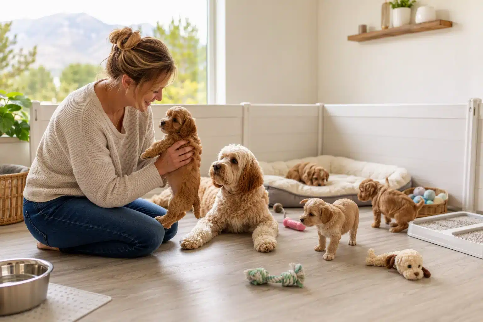 Havapoo breeder inspecting healthy puppies in clean home nursery