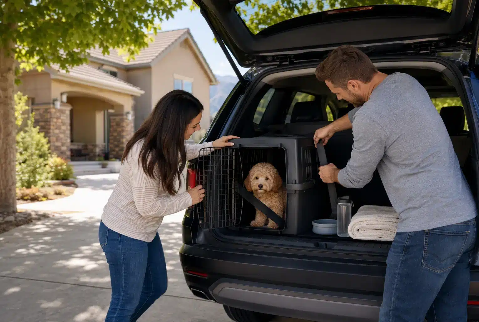 Family secures puppy crate in SUV outside South Jordan home