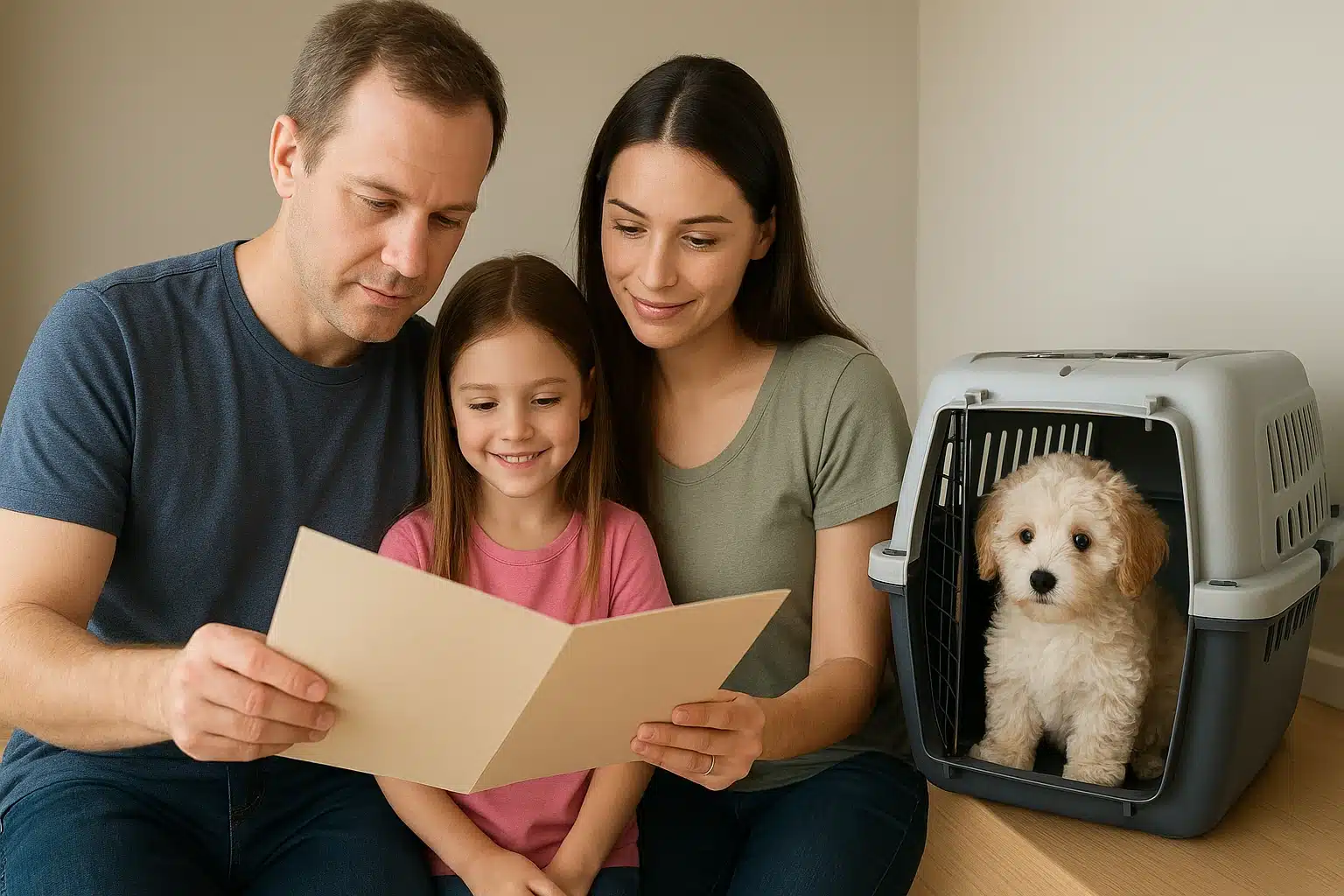 Family reviewing puppy handoff documents beside crate