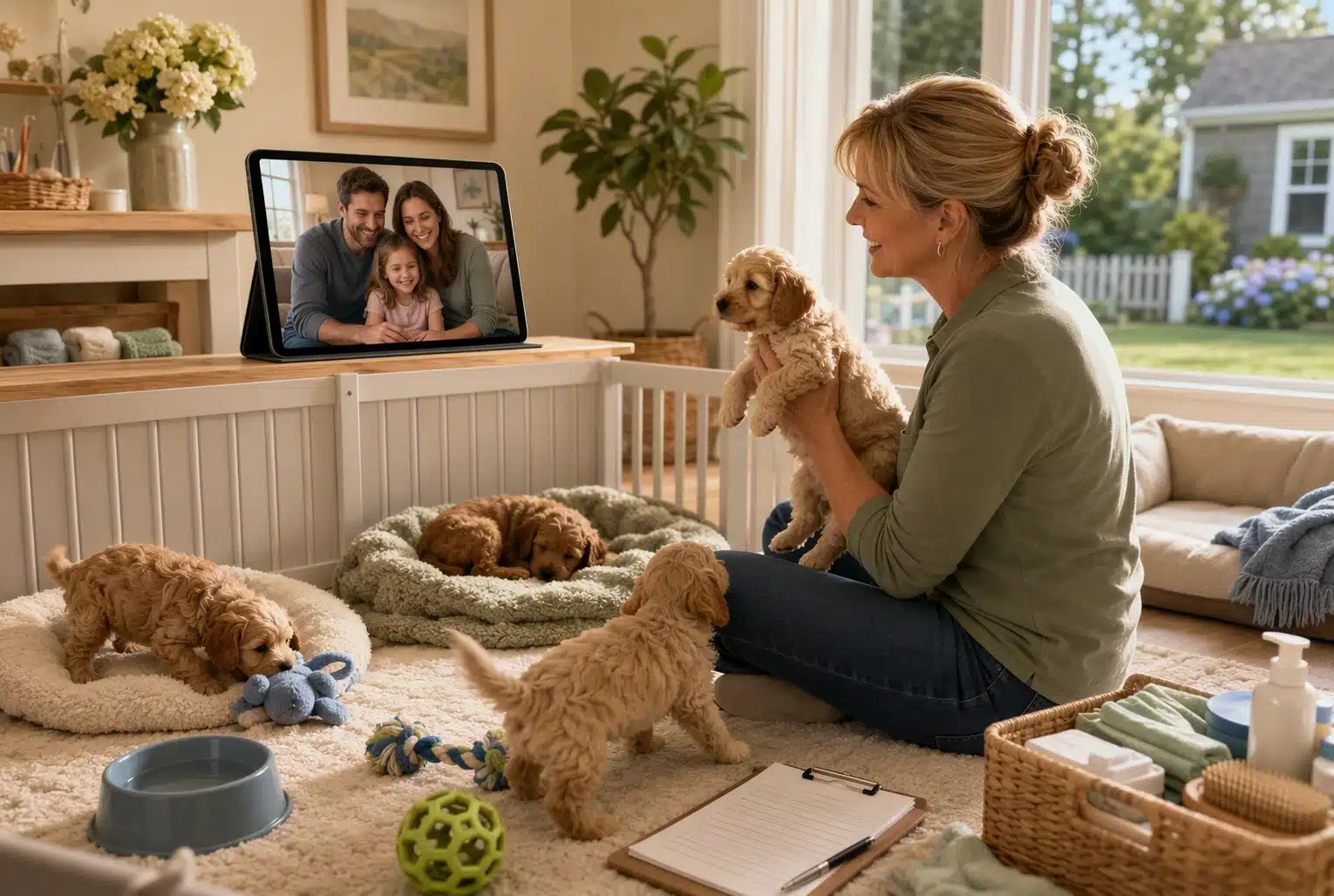 Breeder video chats with family while puppies explore nursery