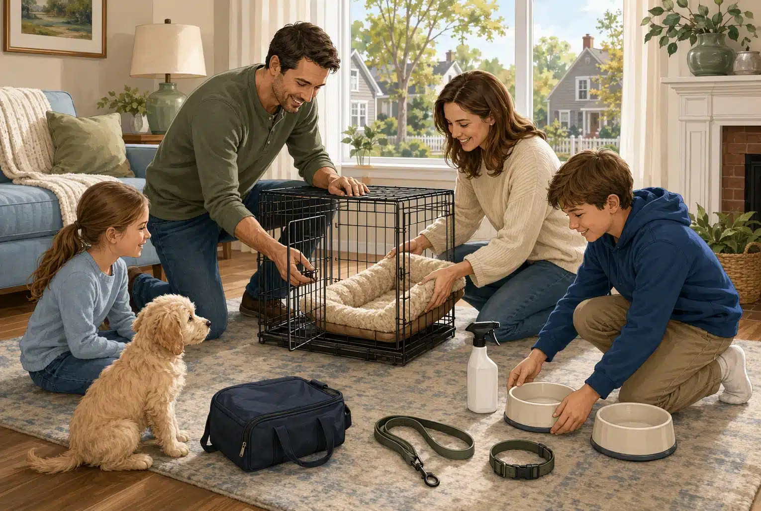 Family unpacks puppy supplies in cozy living room