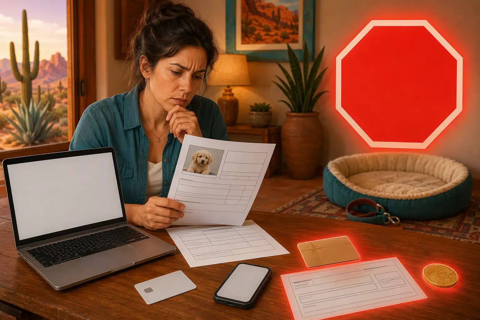 Parent reviewing suspicious puppy payment details on laptop