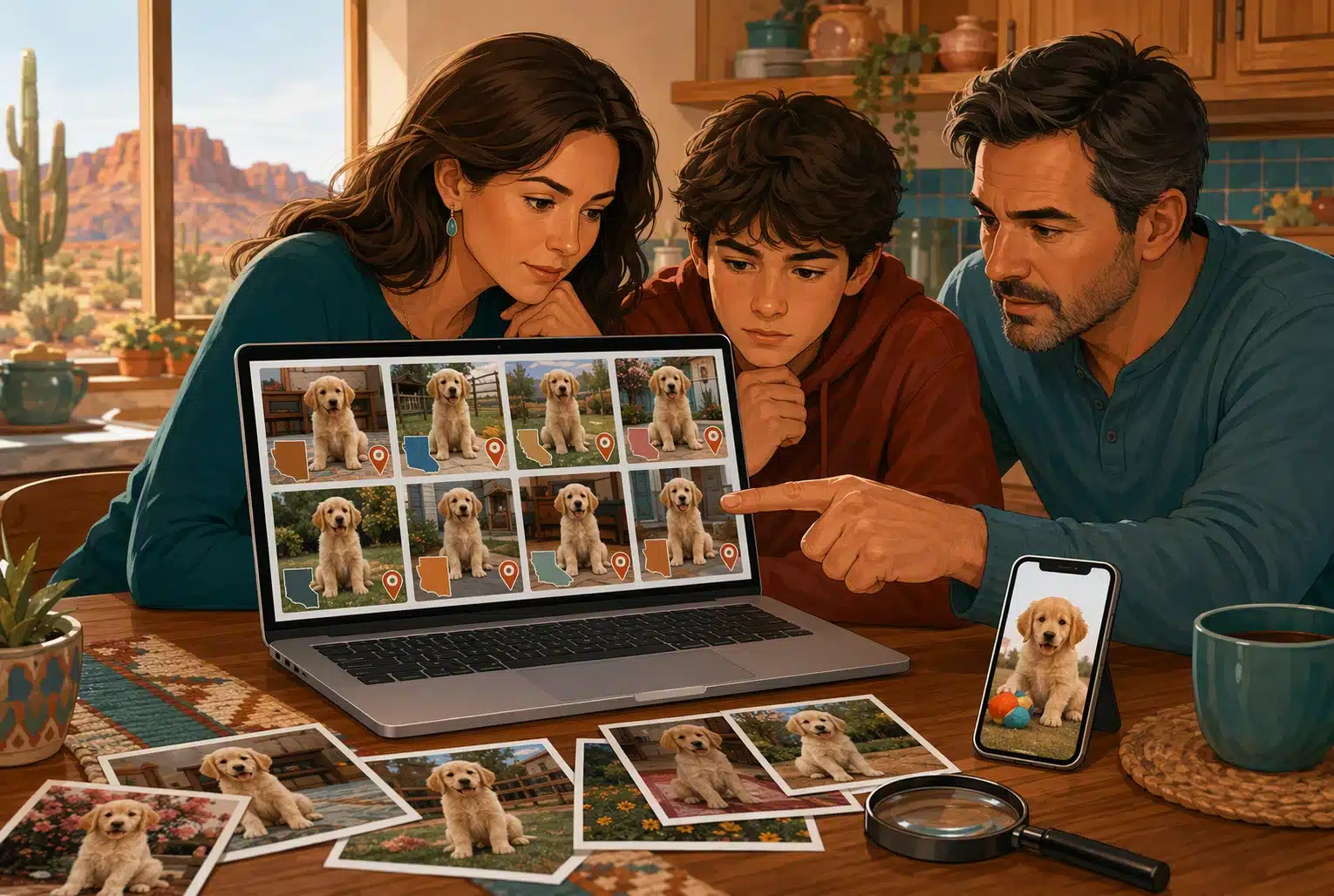 Family compares puppy photos using reverse image search tools