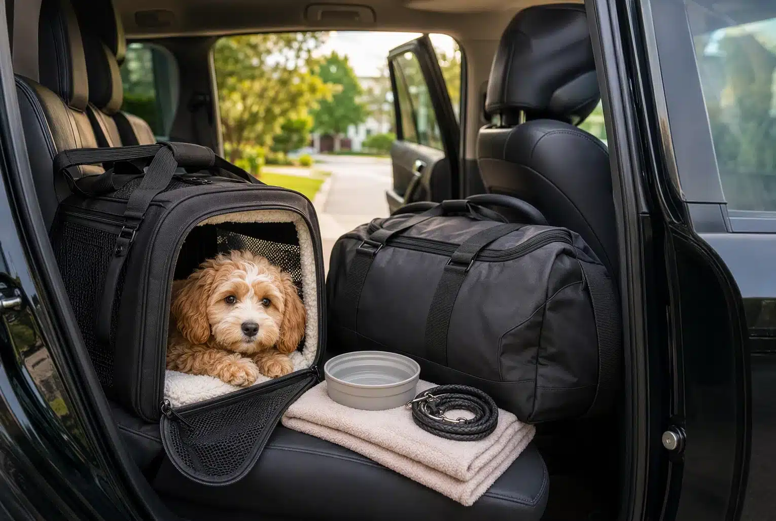 Calm Cavapoo in carrier beside travel bag