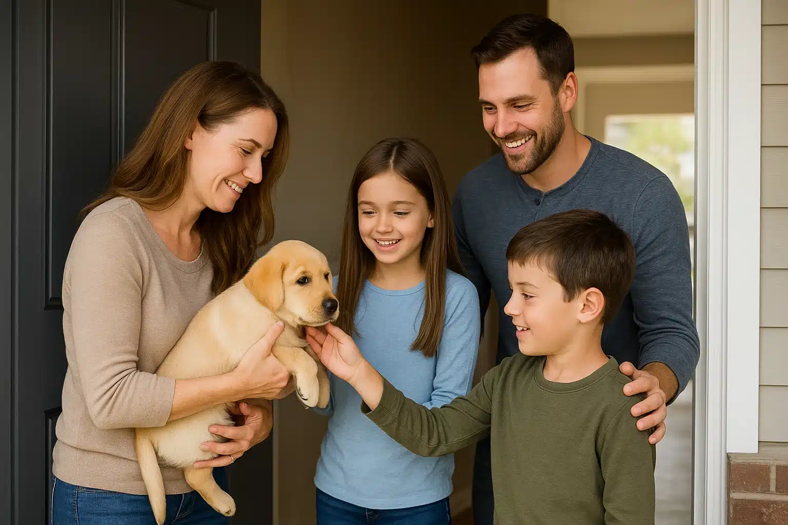 Family welcomes puppy at home pickup